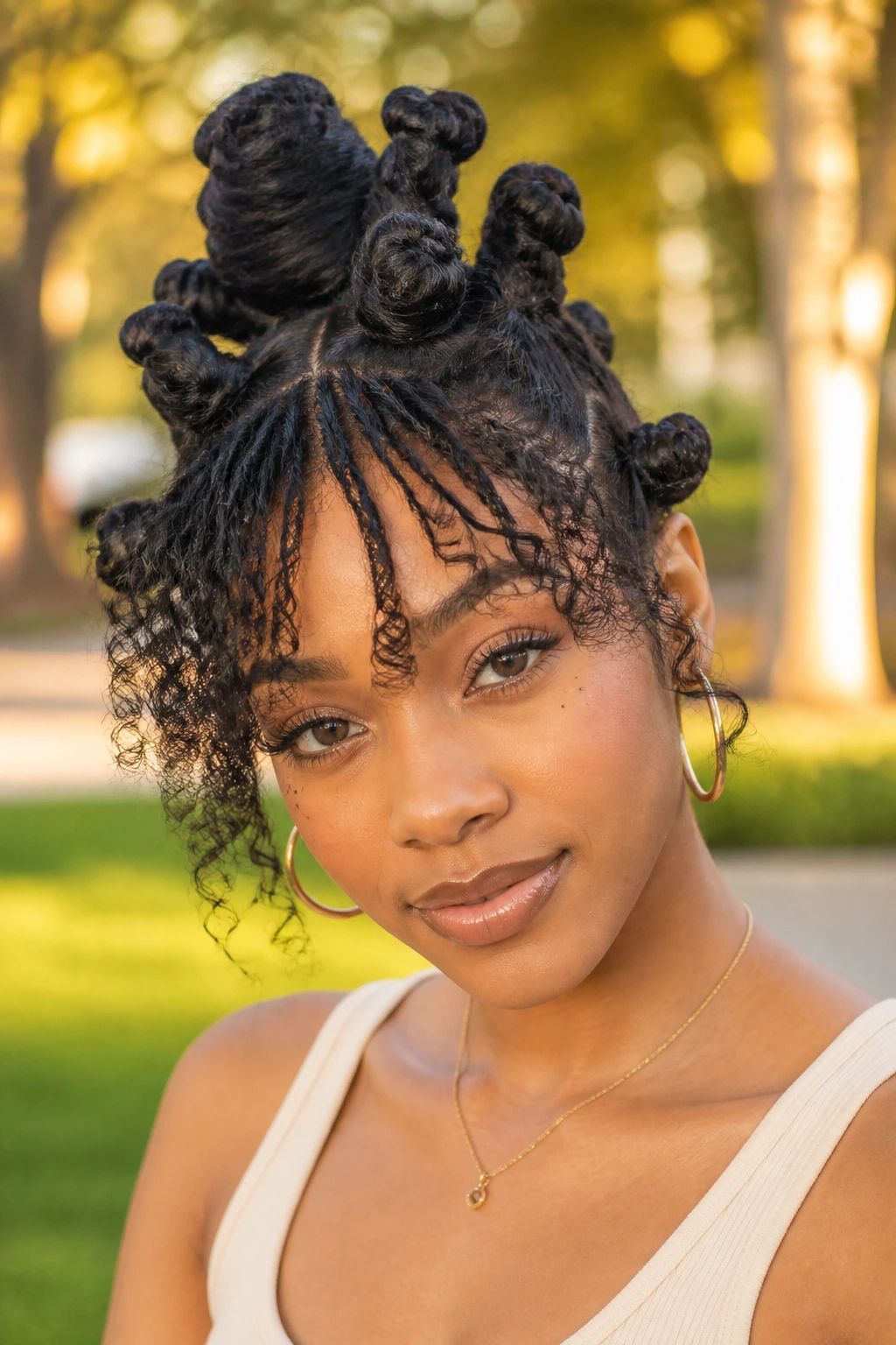 Close-up of a real person with Pineapple-Style Knots With Fluffy Bangs in golden-hour park light.