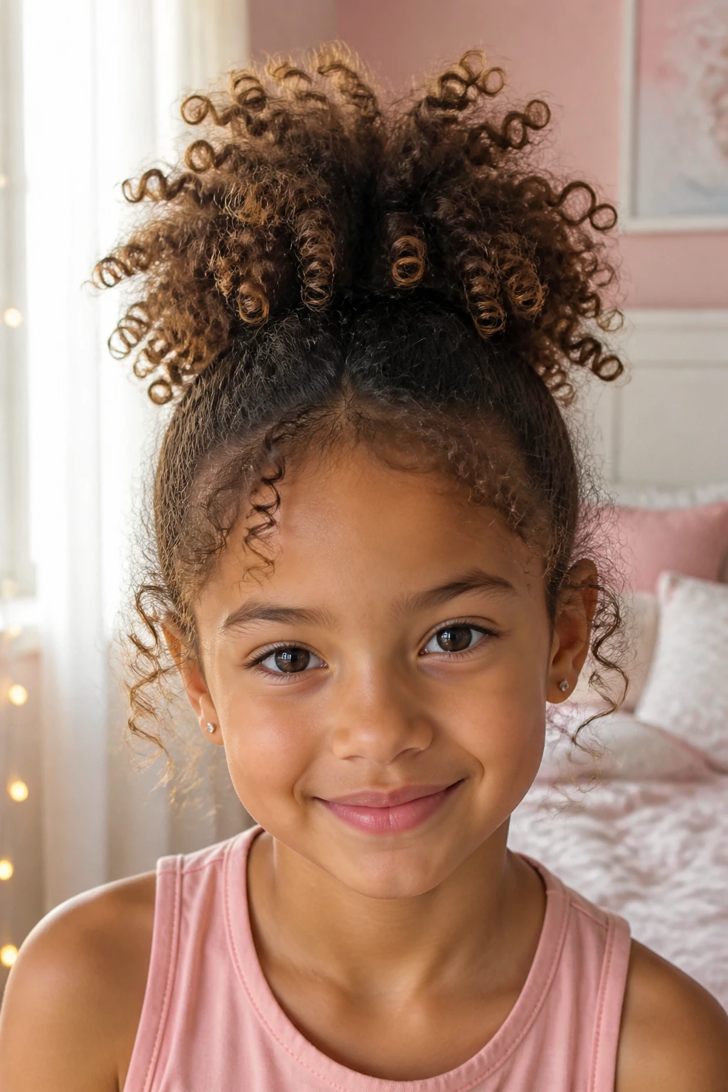 Close-up of a girl with a high pineapple ponytail and curls fanned on top