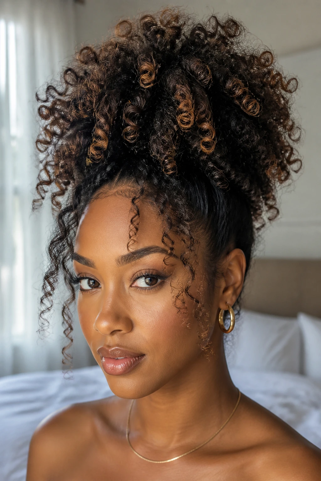 Close-up of a real woman in a fluffy pineapple updo