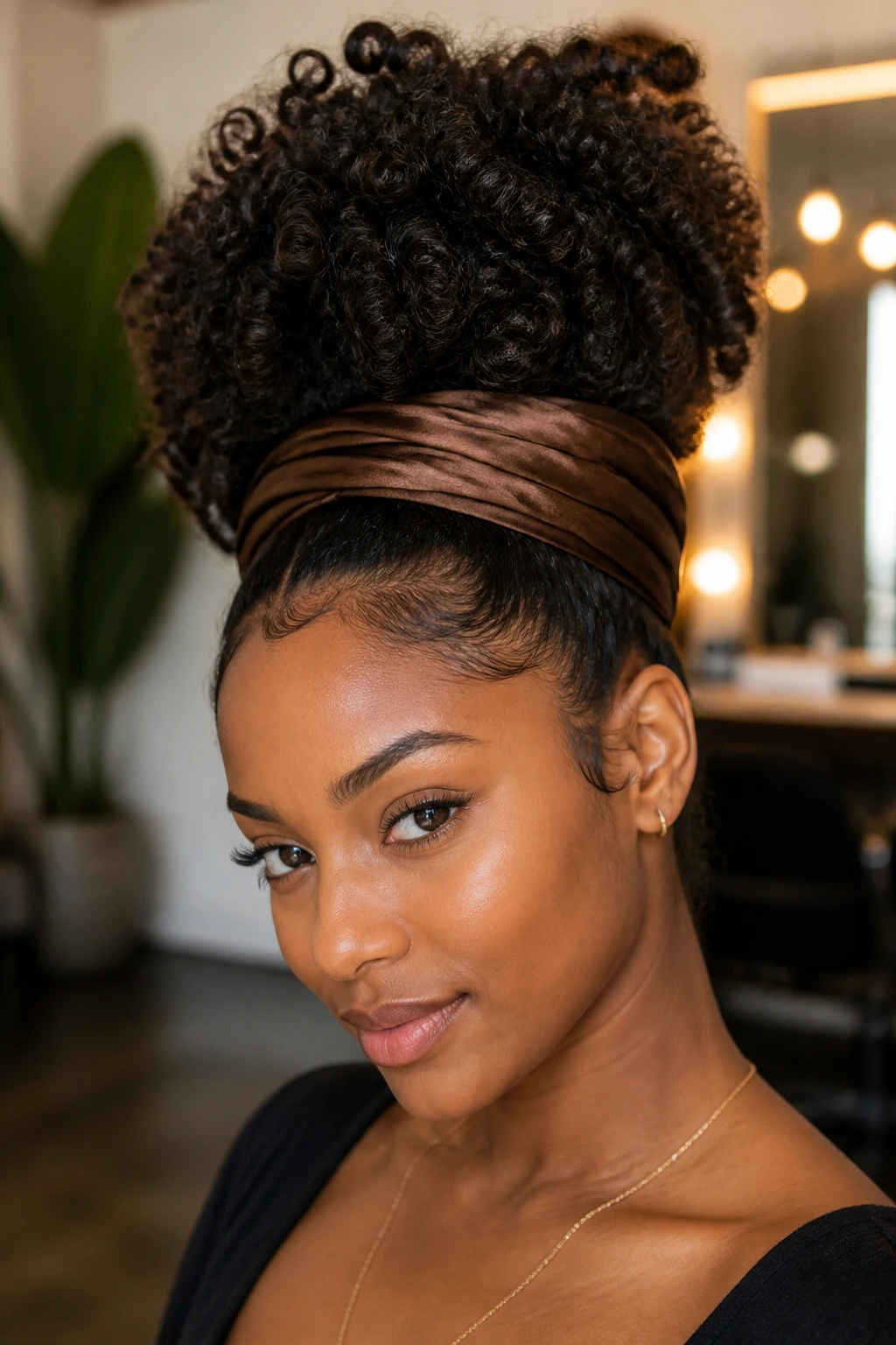 Close-up of a real woman with a pineapple updo and wrapped edges.