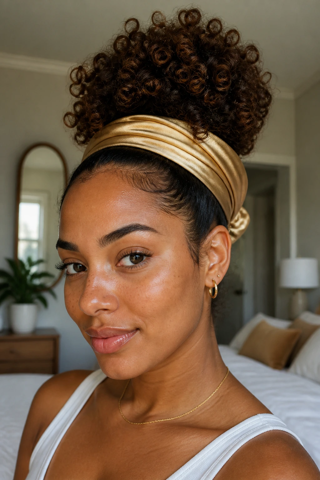 Close-up of a real woman wearing a high pineapple wrap with a satin scarf in a cozy bedroom