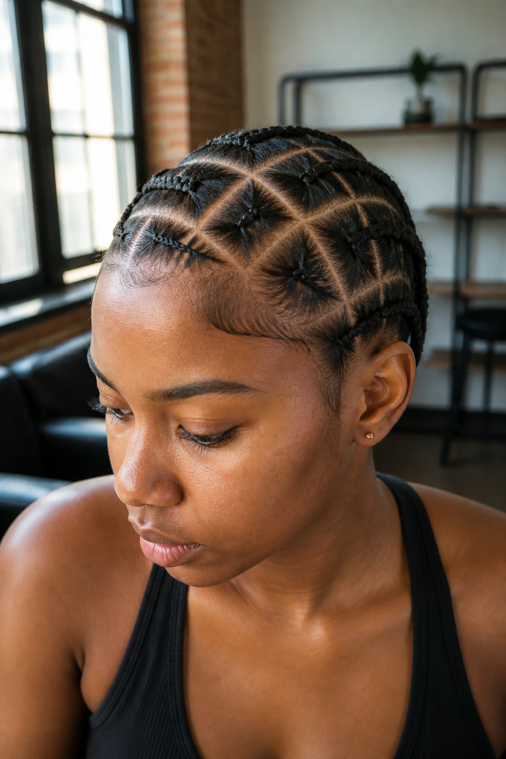 Close-up of a real woman with pixel/baby braids across the scalp