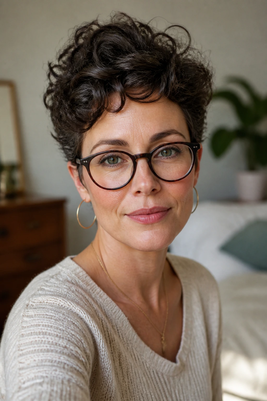 Close-up of a real woman with a soft curly pixie and crown lift, wearing glasses