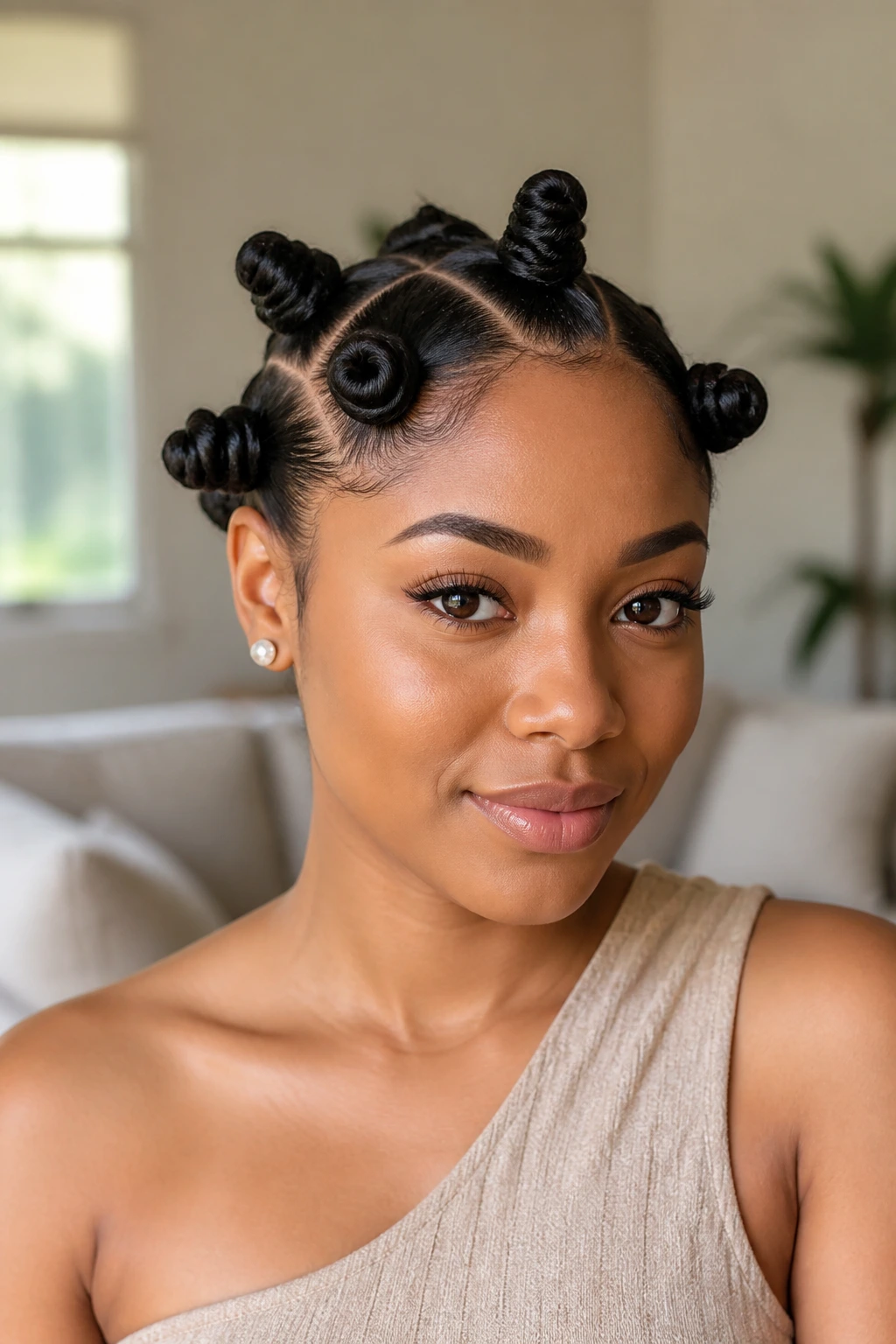 Real woman with face-framing Bantu knots front knots framing the face