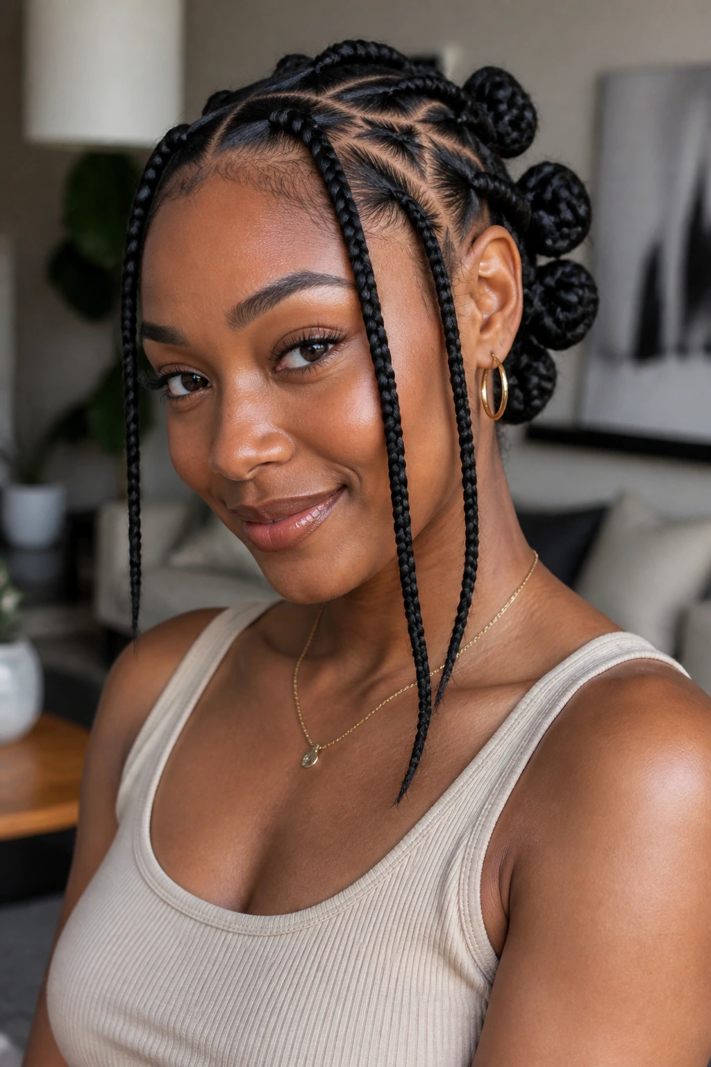 Close-up of a real person with front braids and back knots in a protective updo