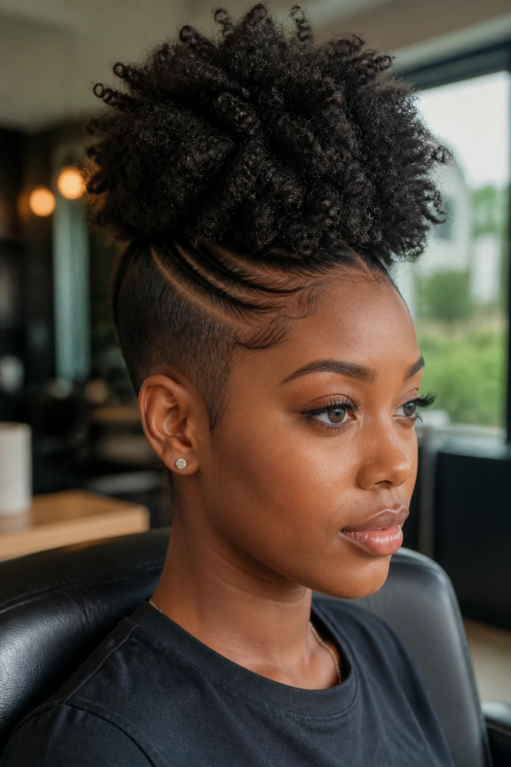 Close-up portrait of a real woman with a puff hawk featuring a centered puff and sleek sides.