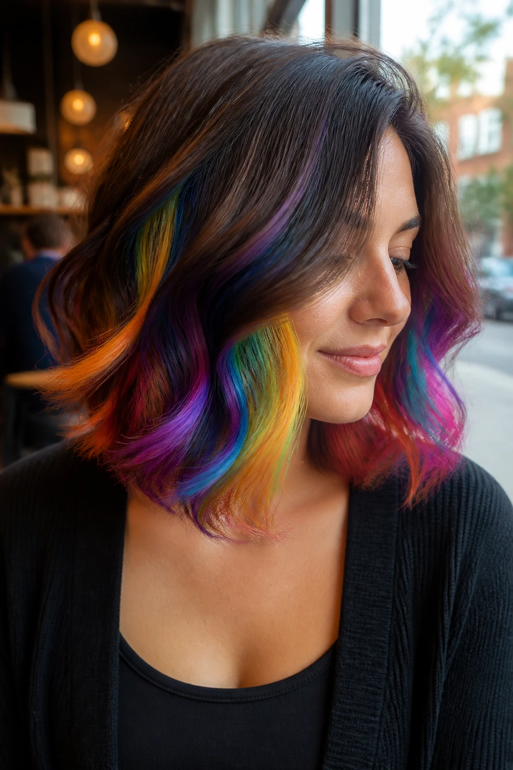 Close-up portrait of a real person with a wavy rainbow peekaboo lob, hidden rainbow panels under the top layer.