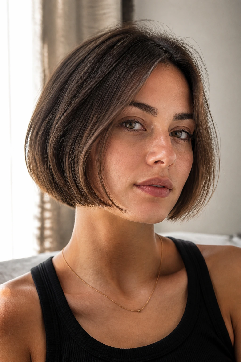 Close-up of a real woman with a chin-length razor bob and soft layered ends.