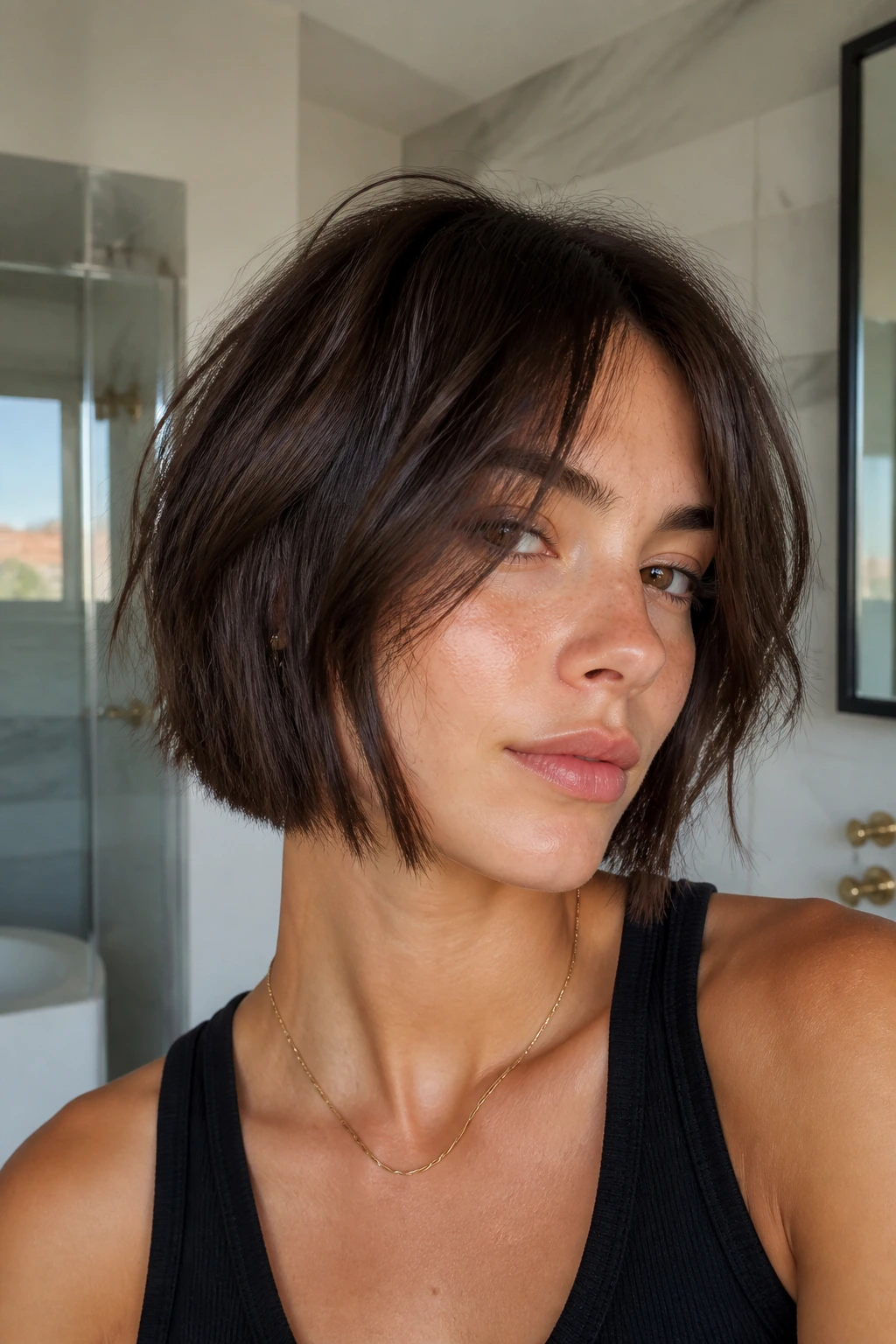 Close-up of a real woman with razor-cut bob and piecey curtains in natural light
