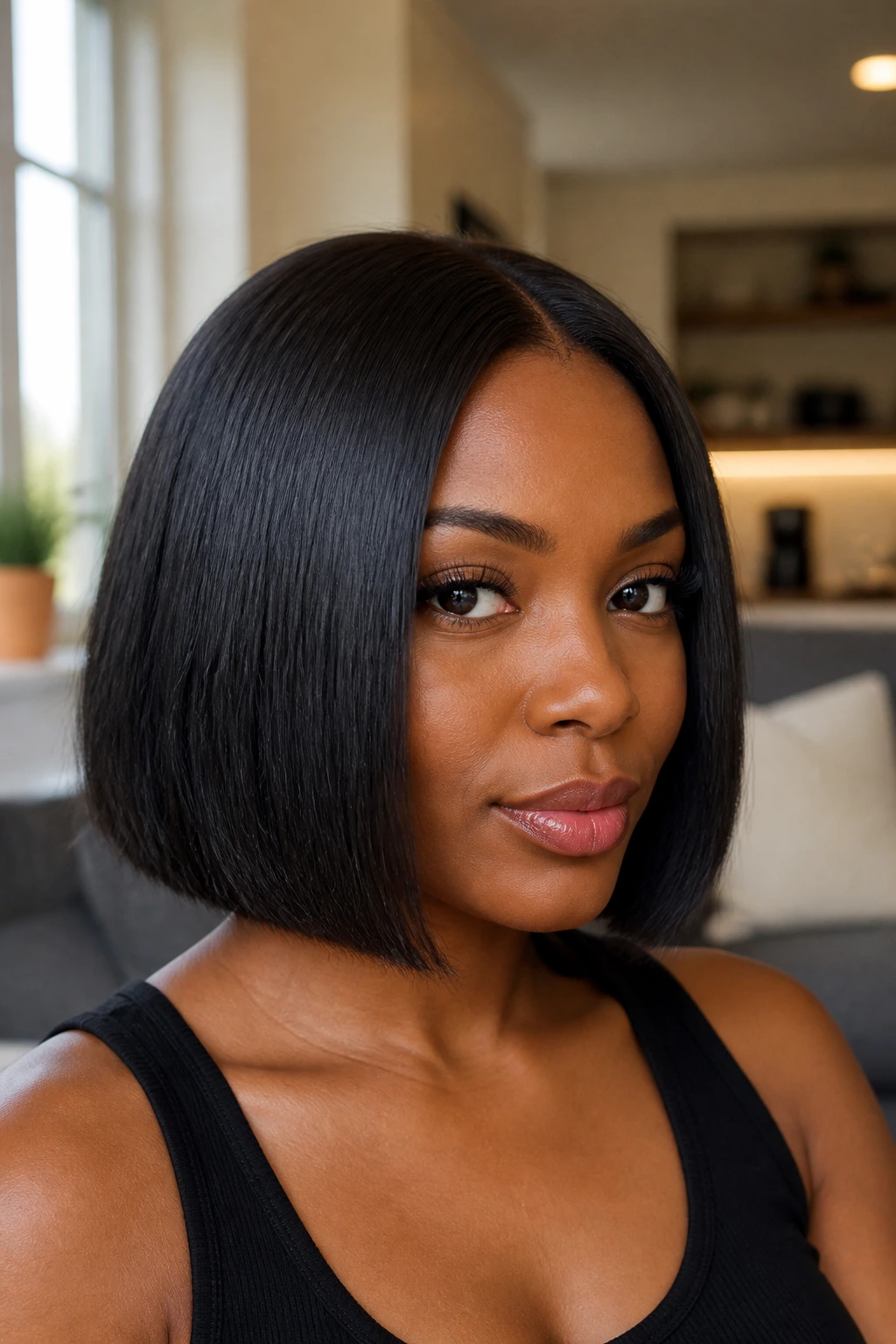 Close-up portrait of a real Black woman with a blunt razor bob showing a crisp perimeter and soft interior carving.