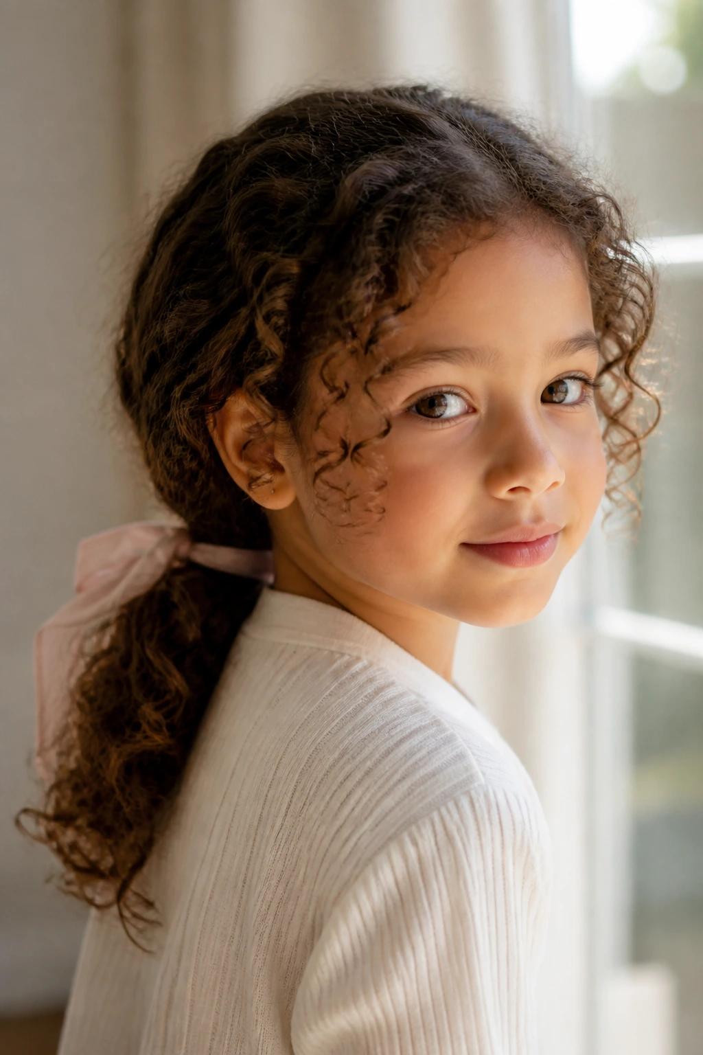 Close-up of a real child with a ribbon-tied low ponytail and curls
