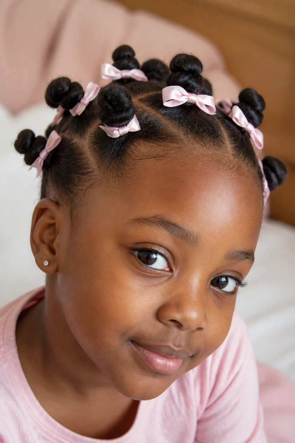 Close-up of a real child with ribbon-tied bantu knots and a small bow.