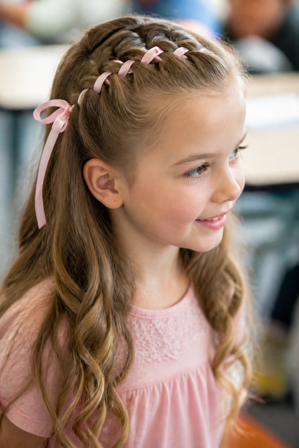 Child wearing a ribbon-woven half-up hairstyle