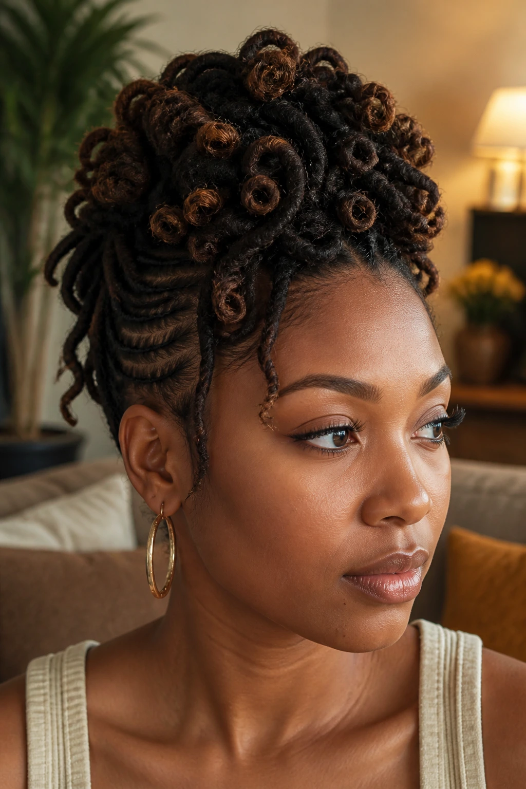 Close-up of a real woman with rolled curly loc updo and textured ends