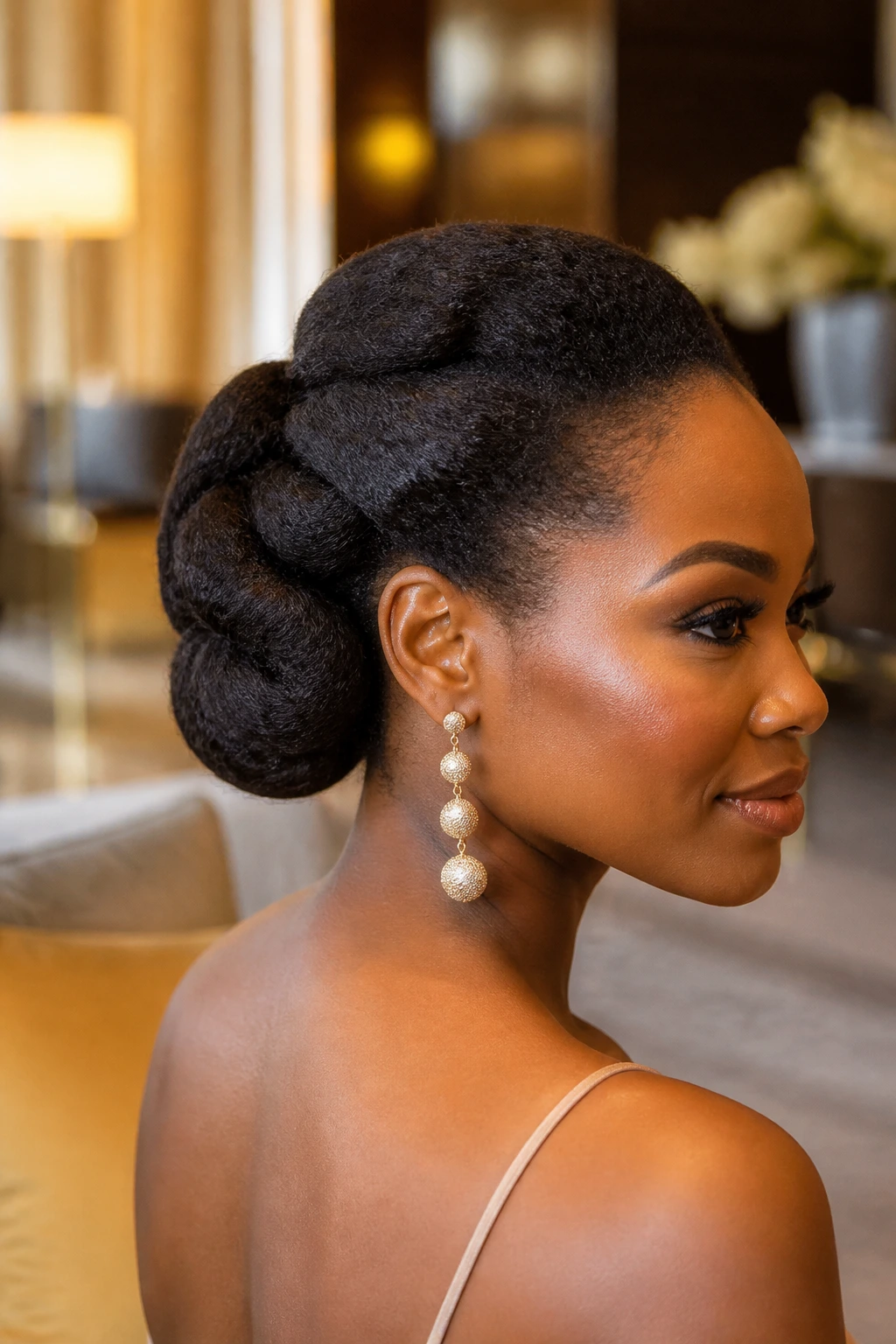 Close-up of a real woman with a rolled tuck-under bun