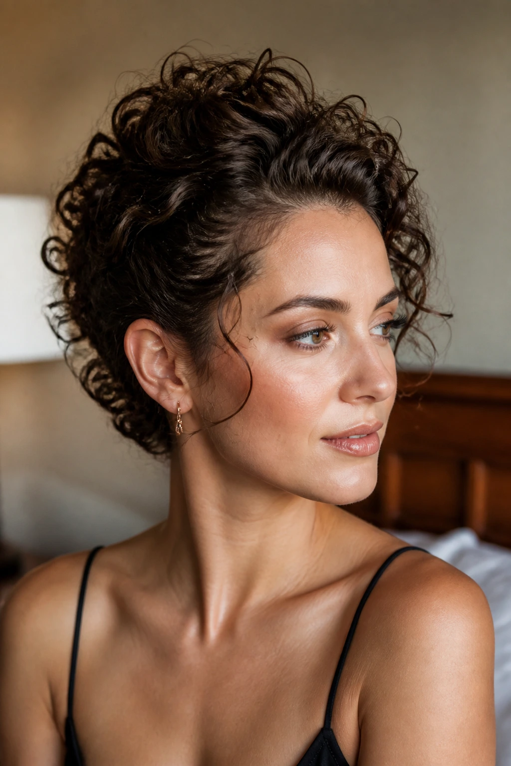 Close-up of a real woman with a romantic fauxhawk curly bob, crown lift and face-framing curls.