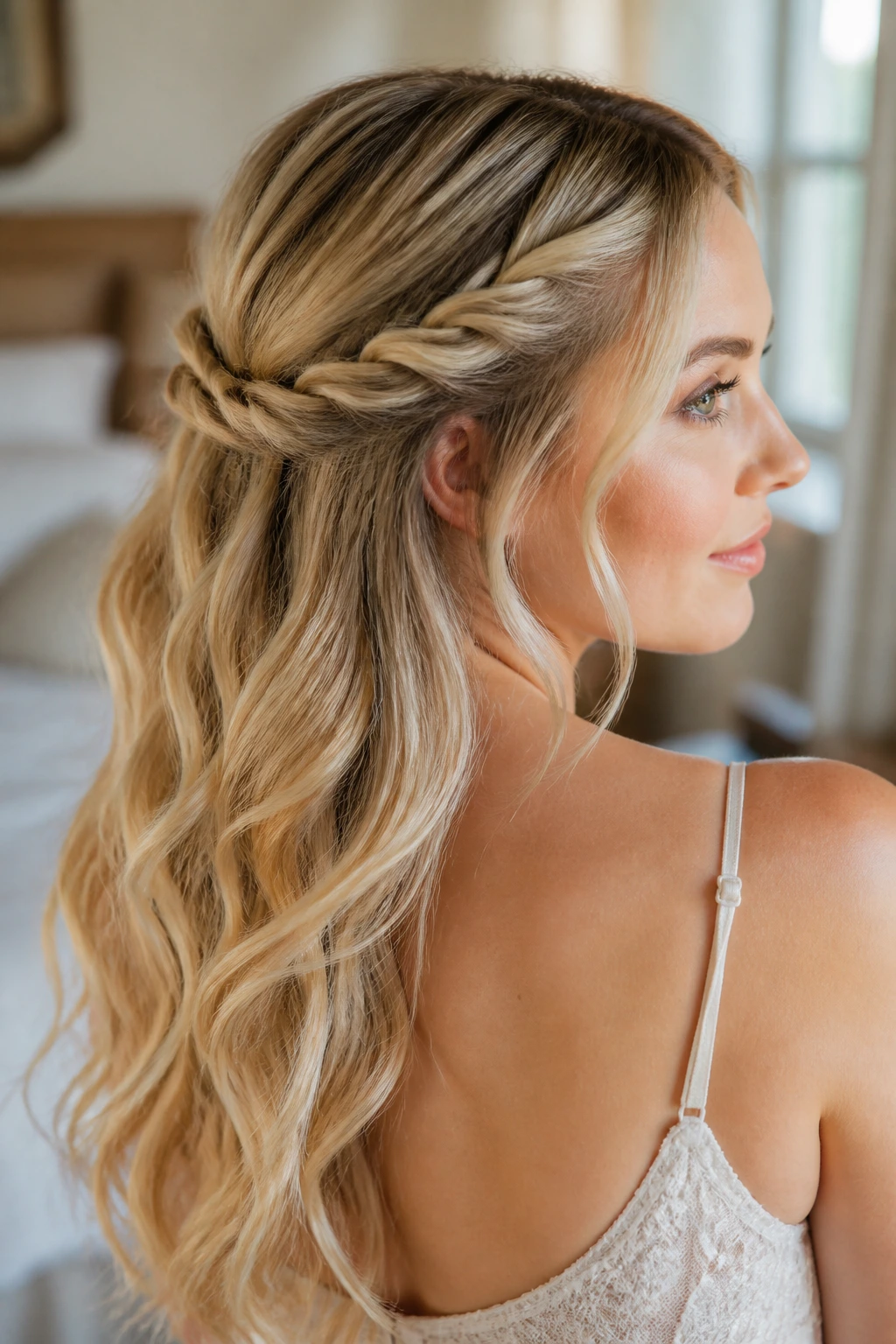 Close-up of blonde woman with romantic rope braid half-up hairstyle.