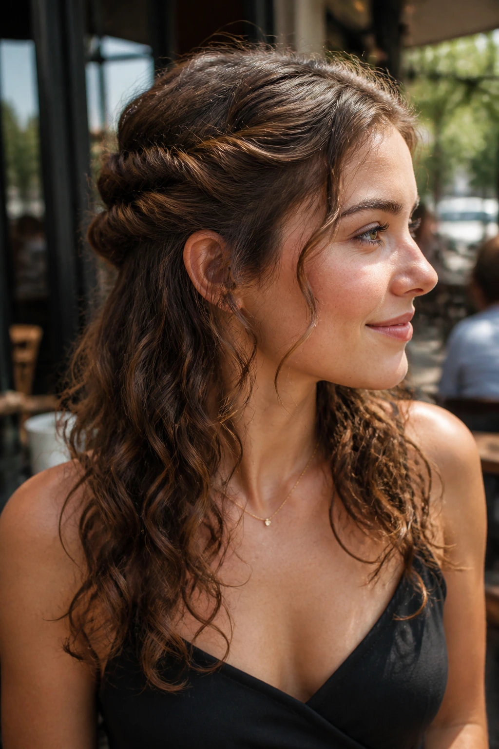 Close-up of a real woman with a rope-braid half-up crown in 2B waves