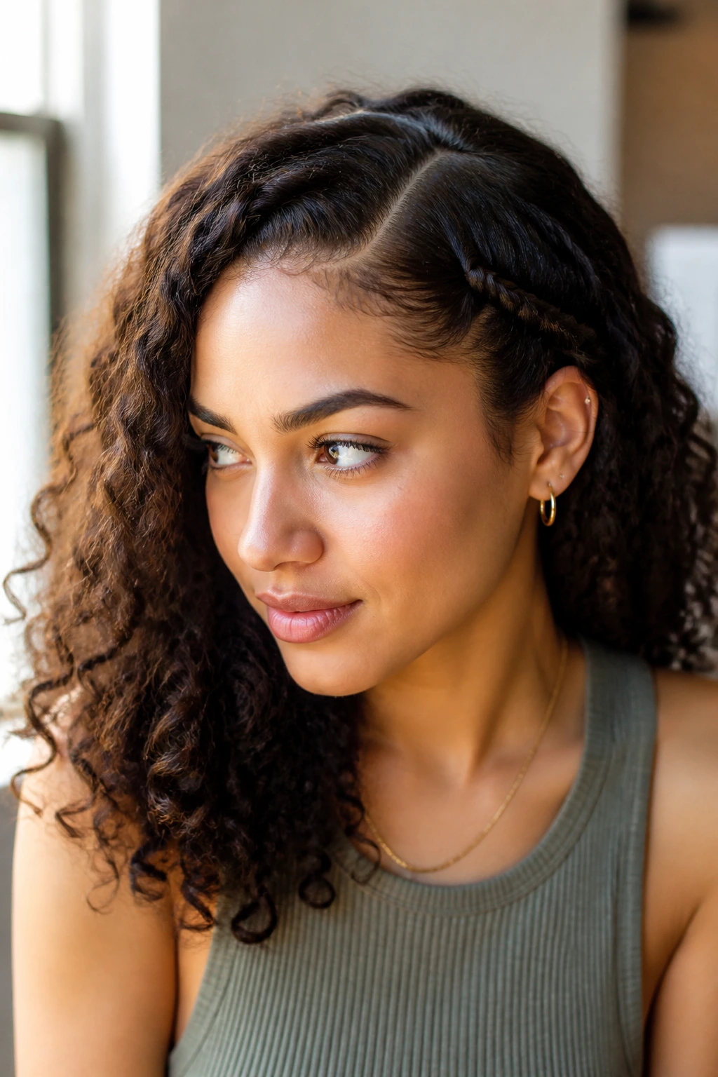 Close-up of a real woman with a side rope front braid on curly hair