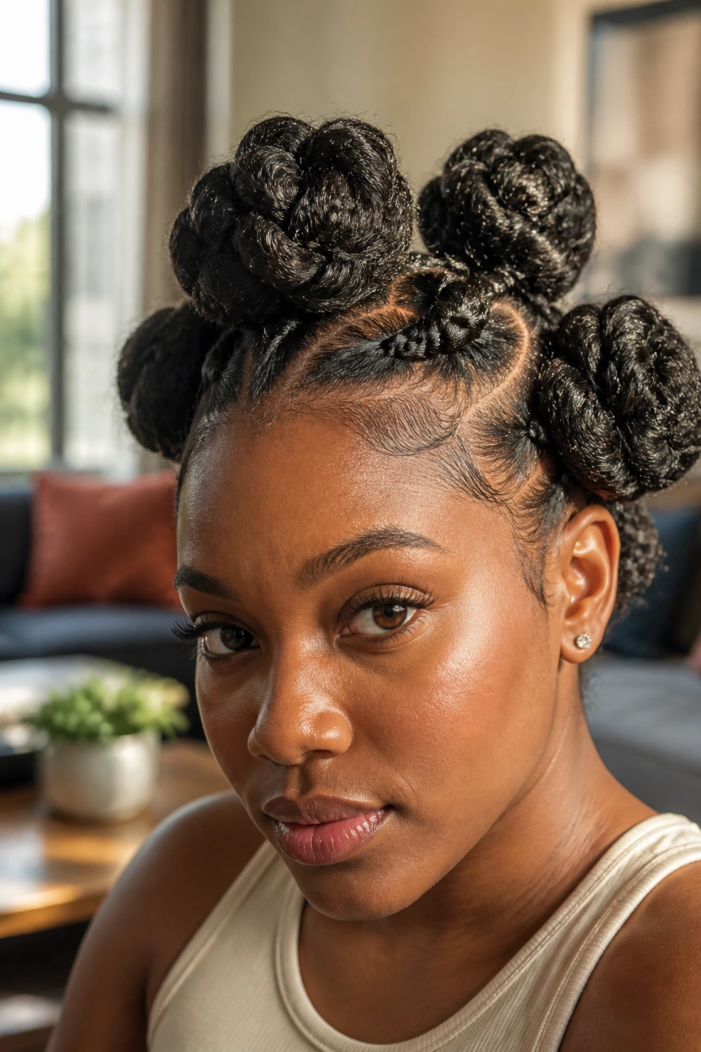 Close-up of a real person’s head with chunky rope braids formed into oversized knots in warm natural light