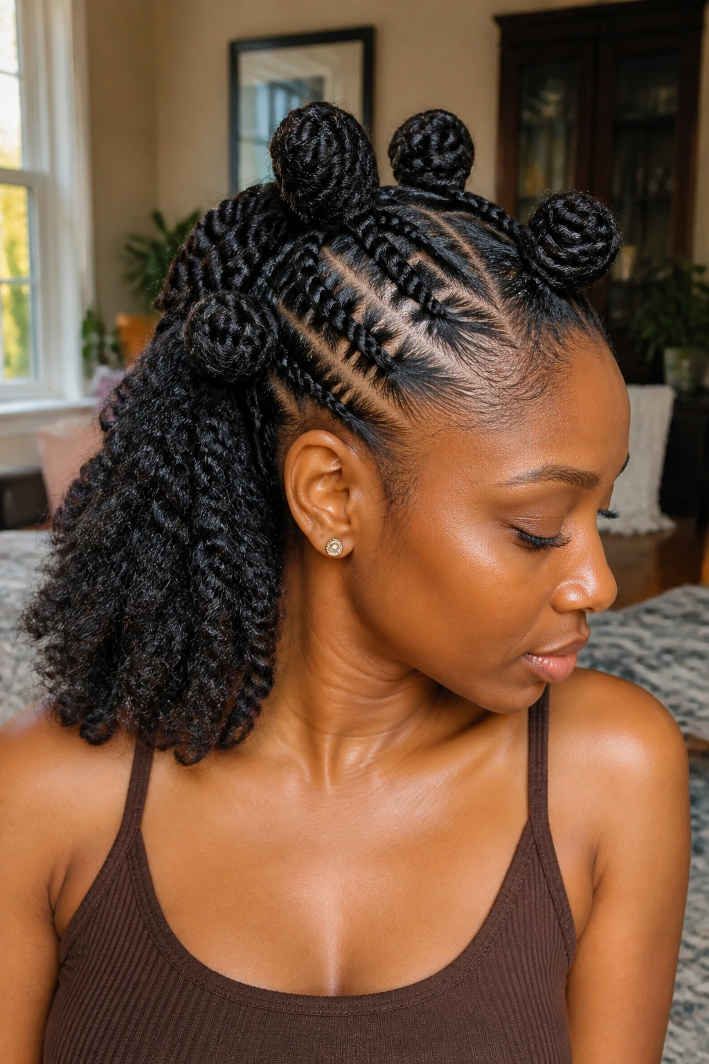 Close-up of a real woman with rope-twist knots and a braid-out back.