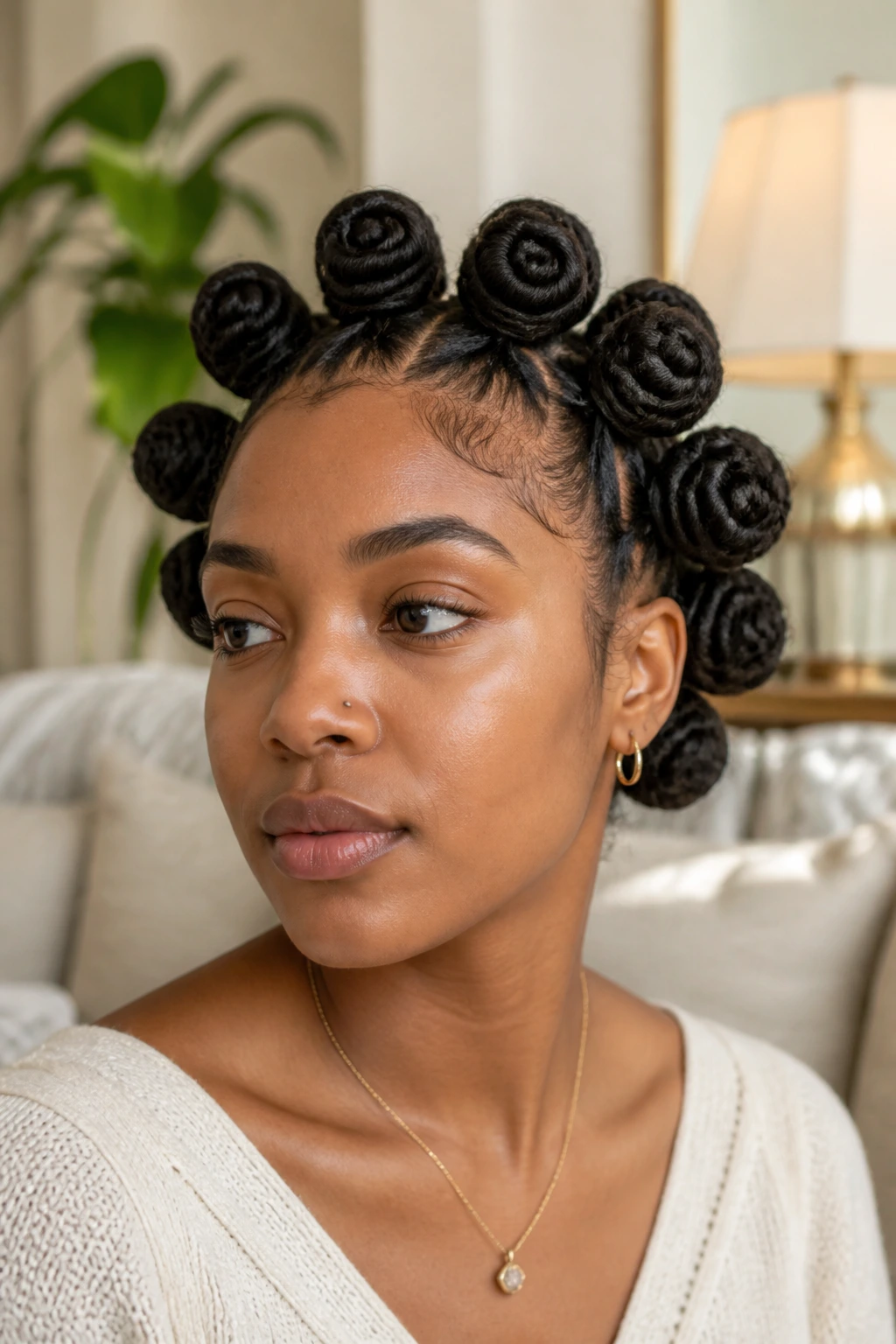 Close-up portrait of a real person with rosette knots and wrapped ends