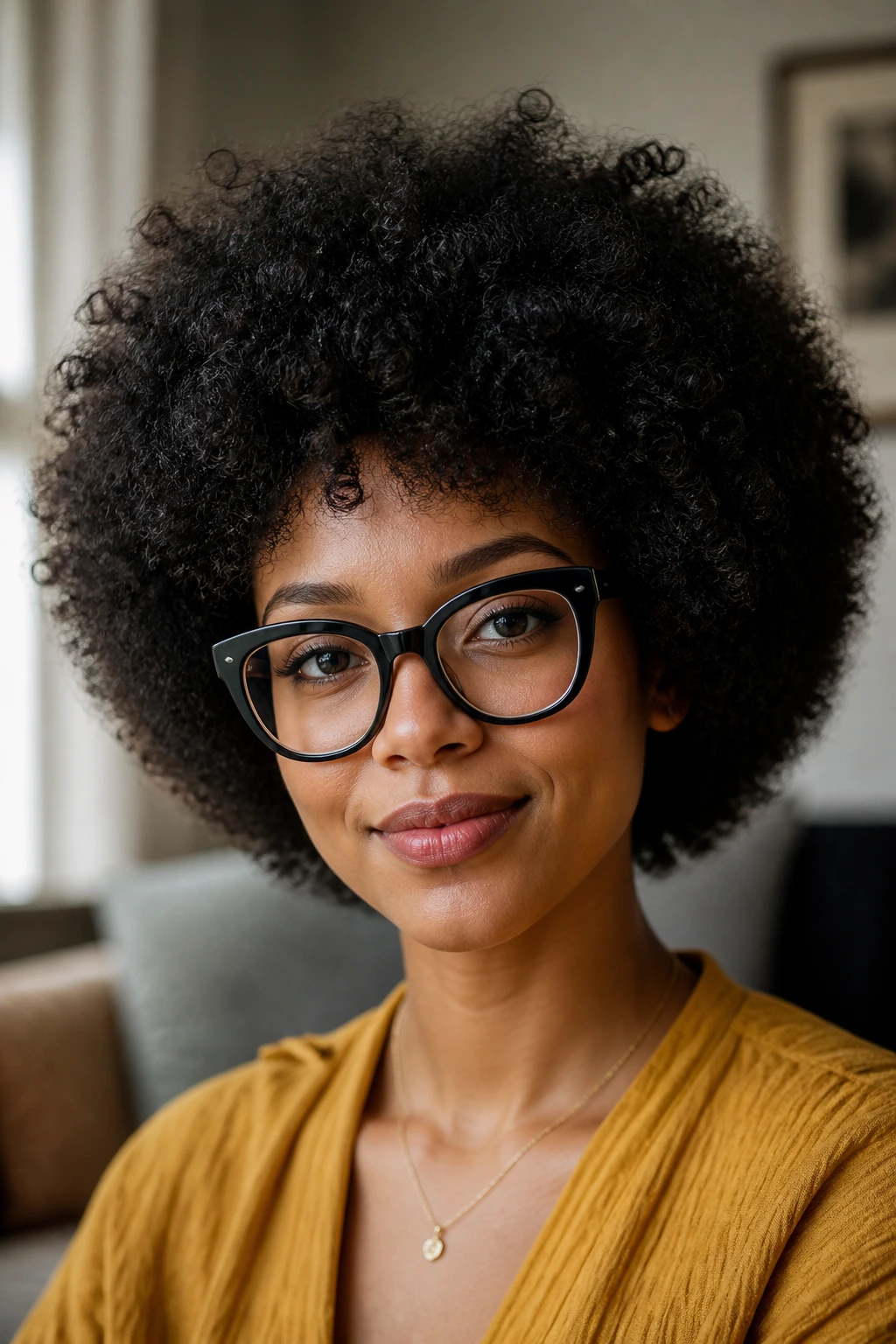 Close-up portrait of a real woman with a rounded Afro and bold frames