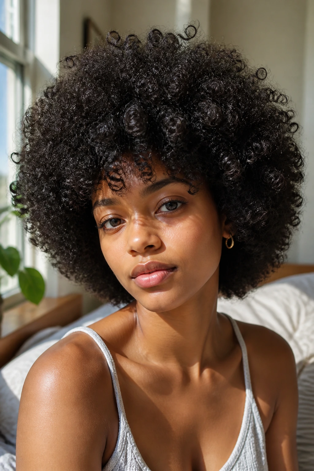 Close-up of a real person with rounded afro layers forming a halo silhouette.