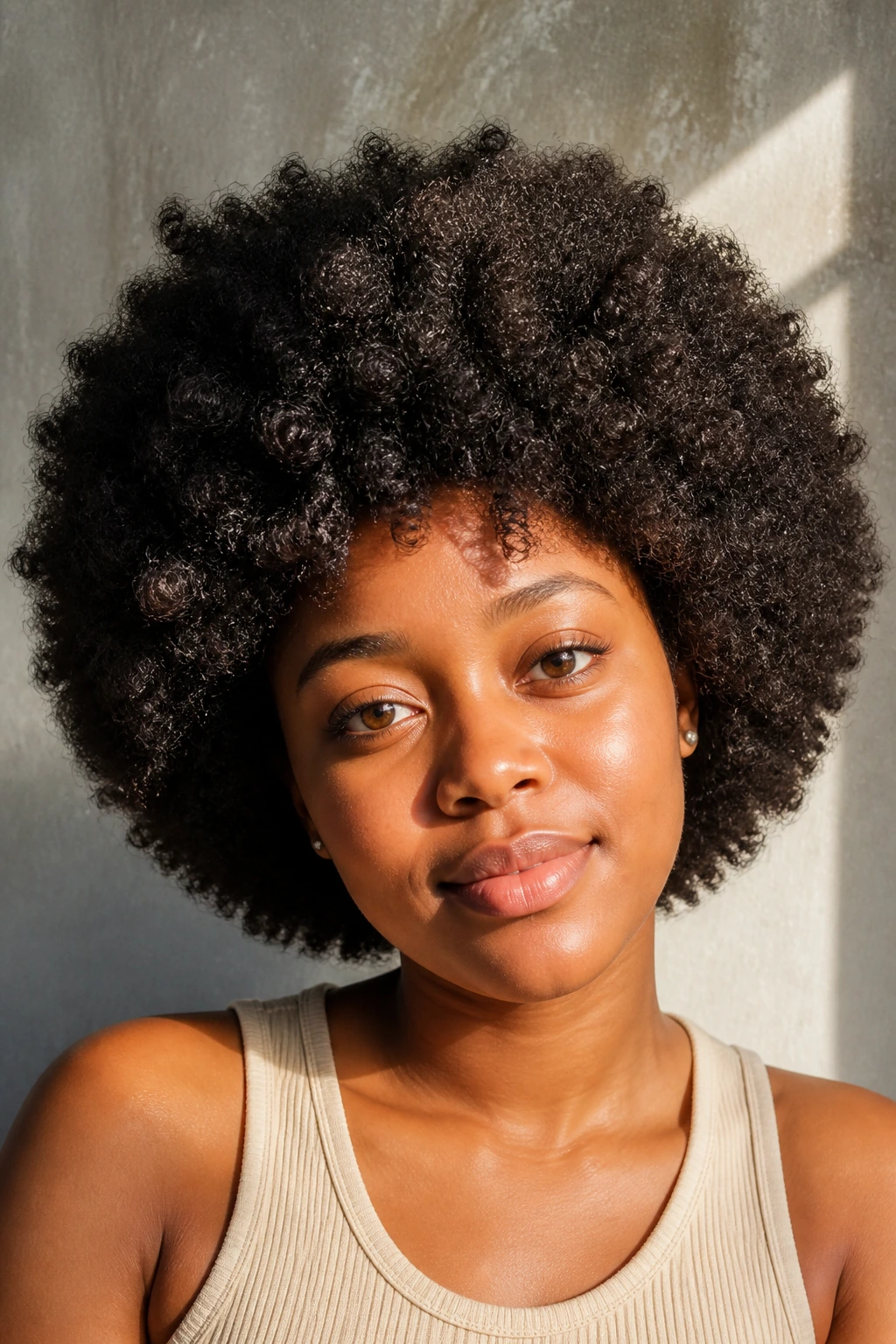Close-up of a real person with a rounded afro picked at the root.