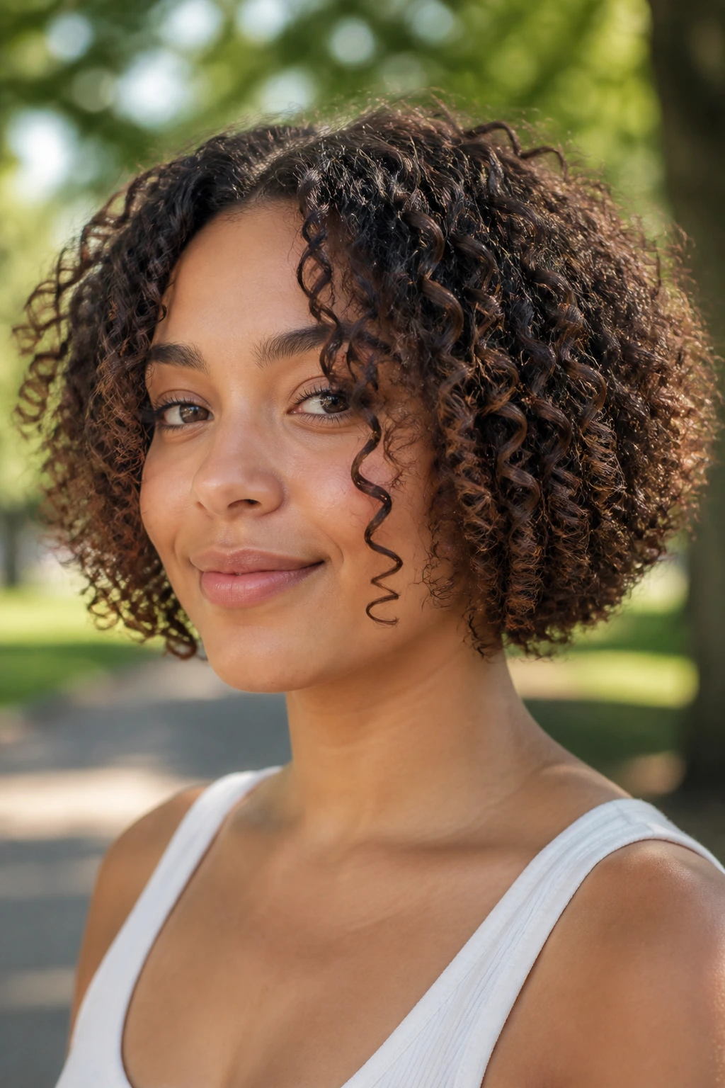 Real woman with rounded bob and soft face-framing curls in a sunny park.
