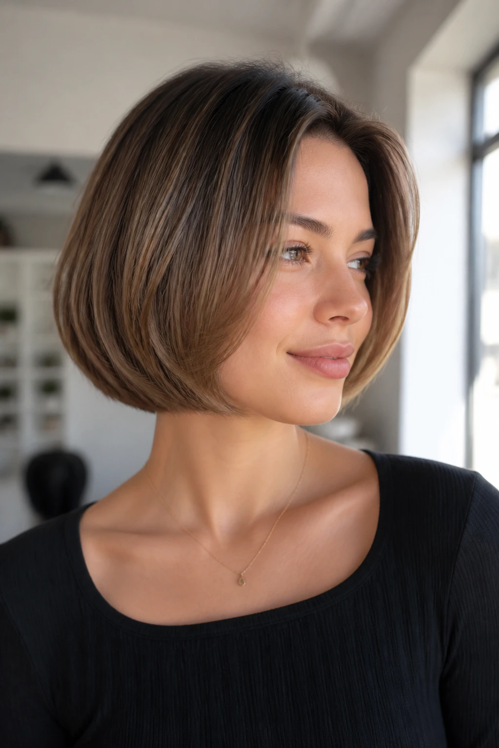 Portrait of a woman with a rounded bob for fine hair in natural light