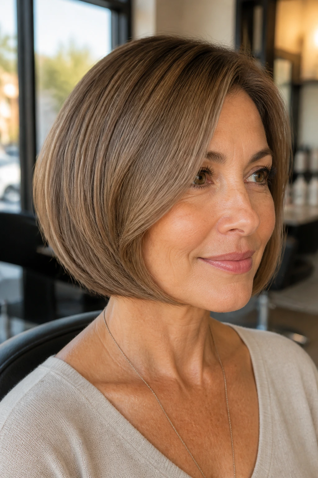 Close-up portrait of a real woman with a rounded bob in latte-brown, soft curve hugging the head