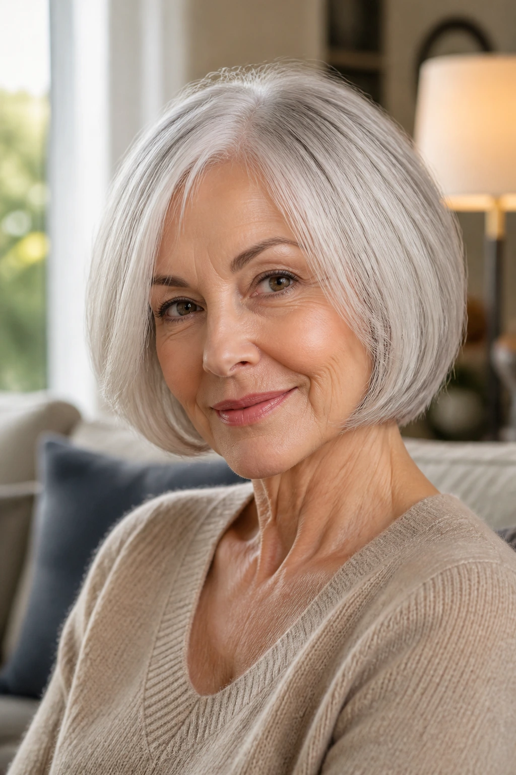 Close-up portrait of a real woman over 60 with a rounded bob, soft cheek and jaw framing.
