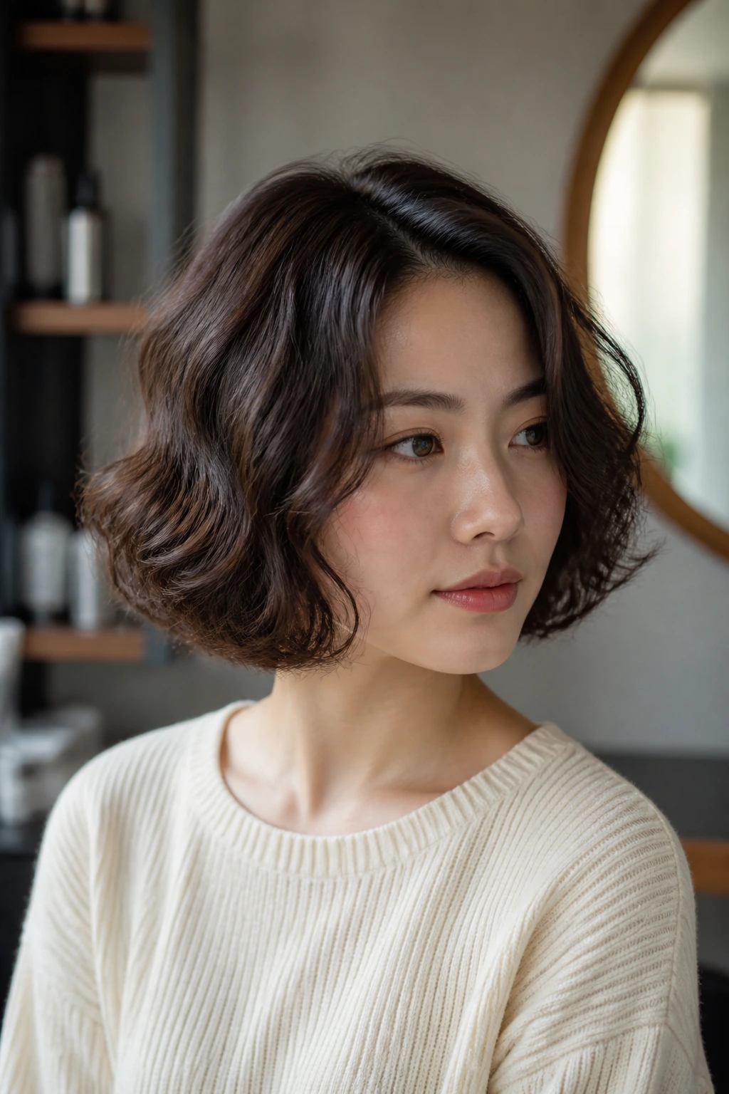 Close-up of a real woman with a rounded bob and S-curl waves