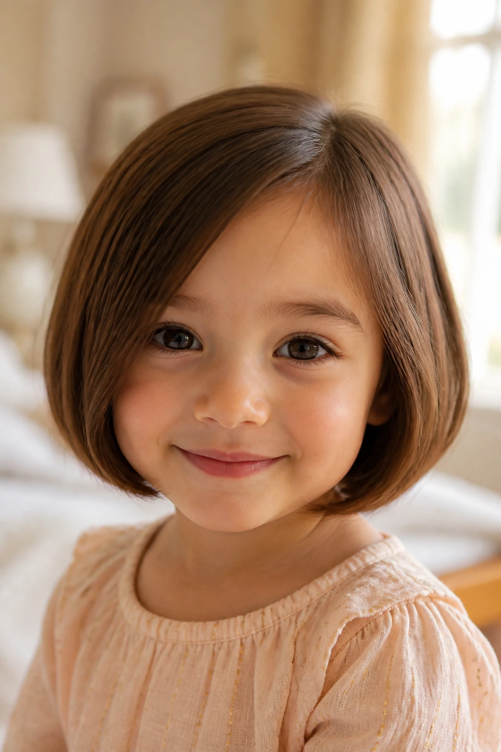 Close-up of baby girl with rounded bob and tucked-under ends