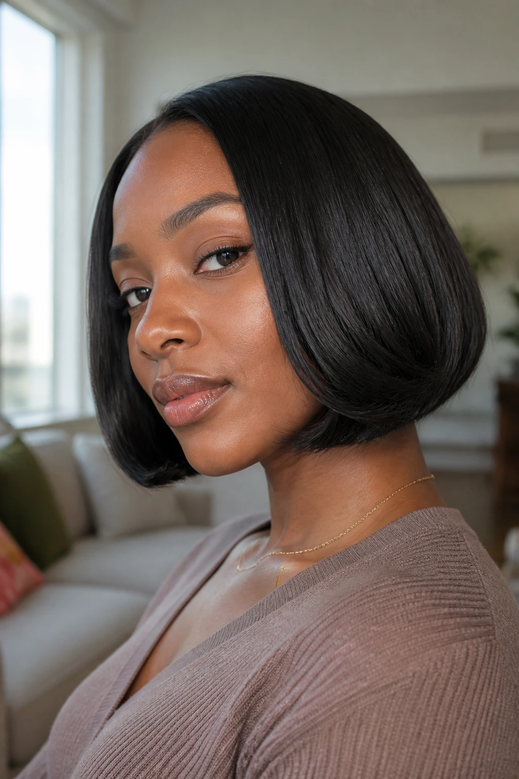 Portrait of real person with rounded bob and soft under-curve