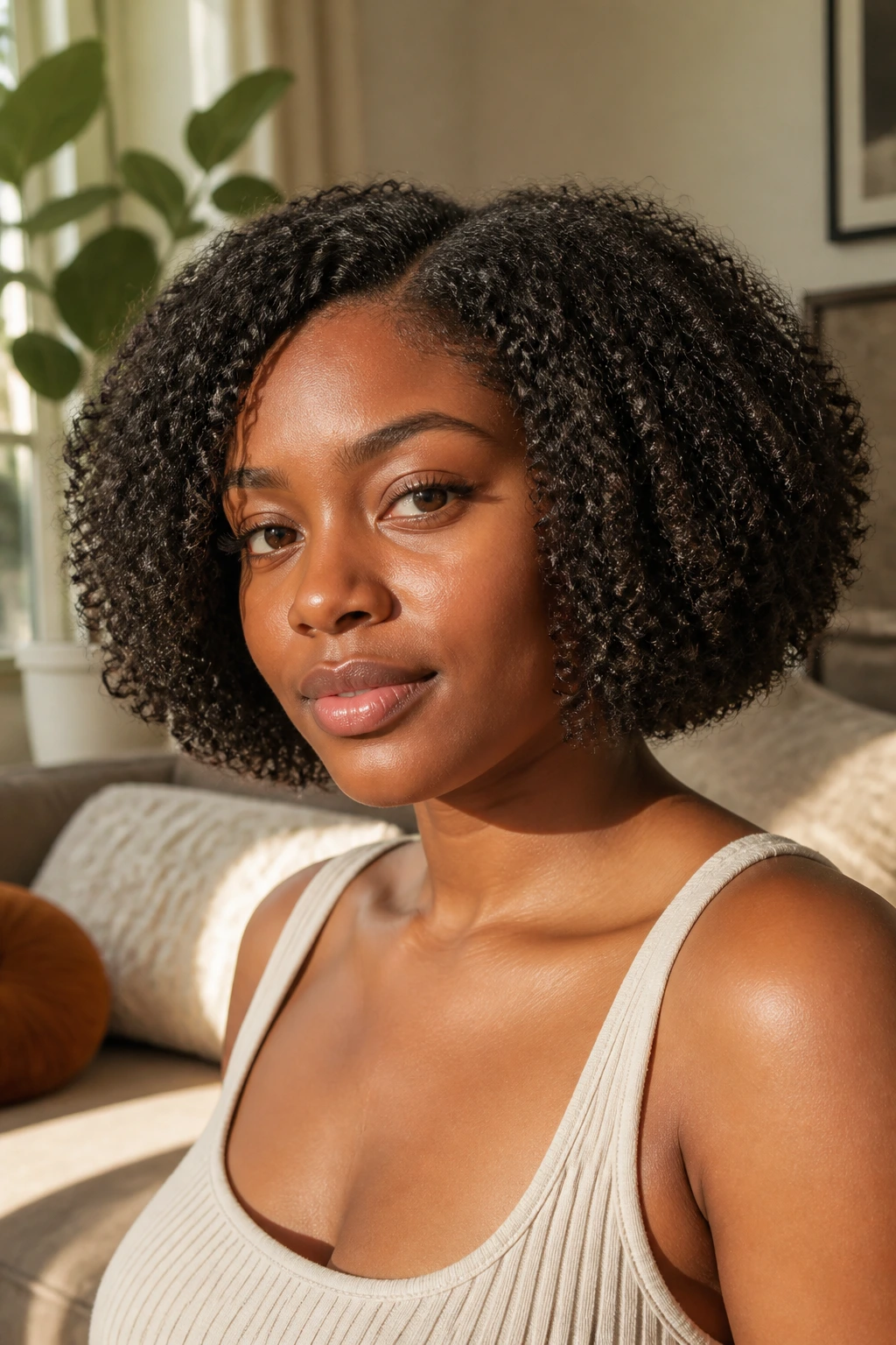 Real woman with a rounded chin-length natural bob in a sunlit room