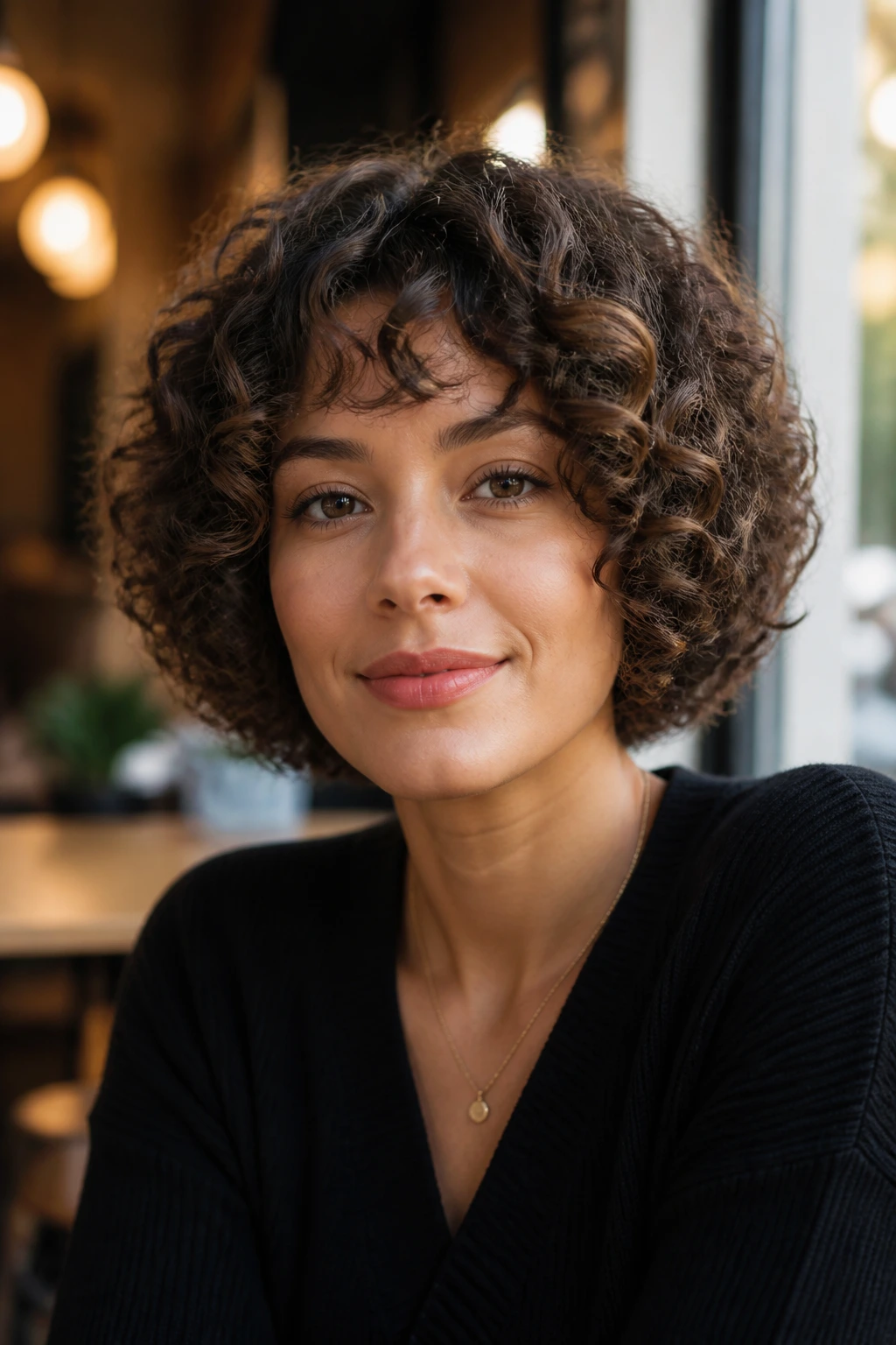 Close-up of a real woman with a rounded curly bob in warm ambient light.