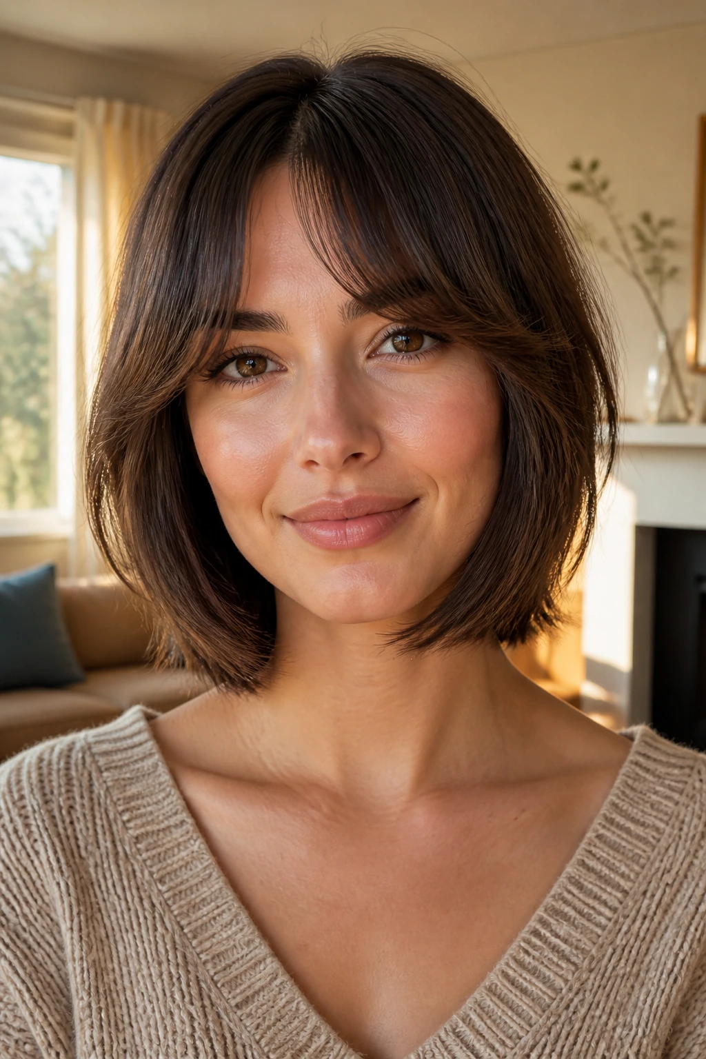 Close-up portrait of a real person with a rounded lob and soft split bangs in warm window light