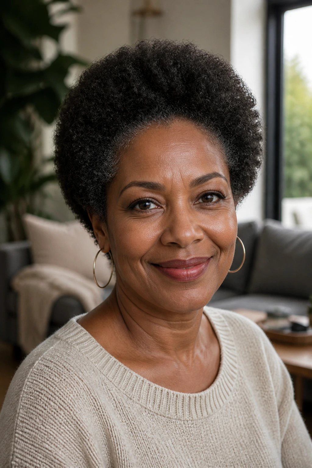 Close-up portrait of a real woman with a rounded mini Afro