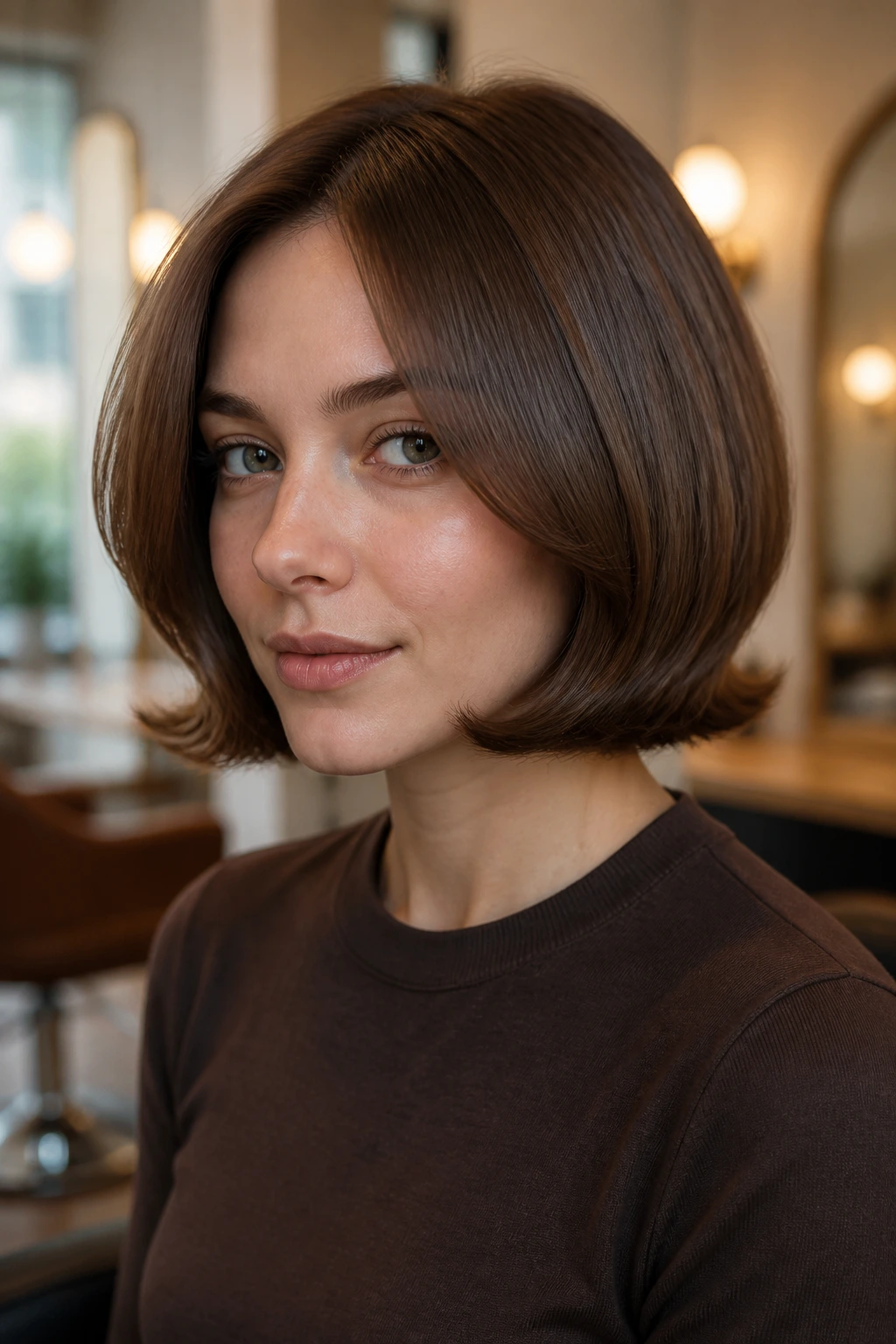 Close-up of a real woman with a rounded pageboy flipped bob, hair hugging the head with a soft flip at the hem under warm salon light