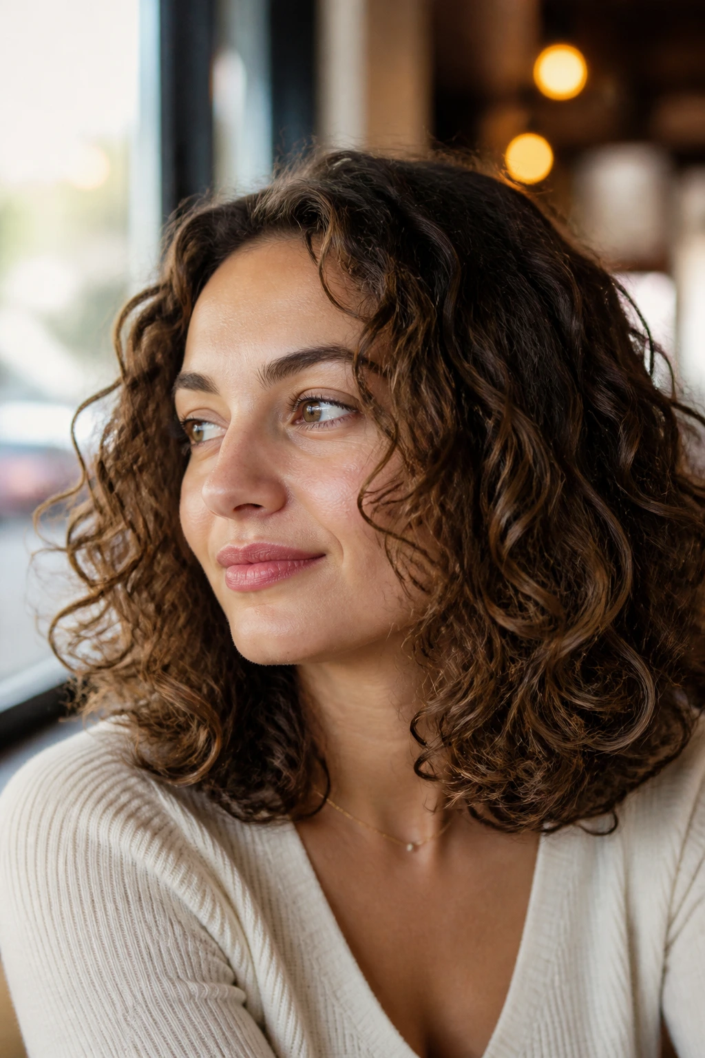 Close-up portrait of a real woman with rounded shoulder-length curls framing her face.