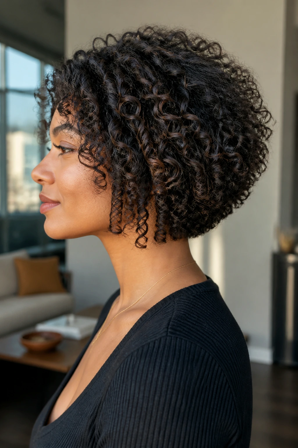 Side-profile of a real woman with a rounded stacked bob and crown lift.