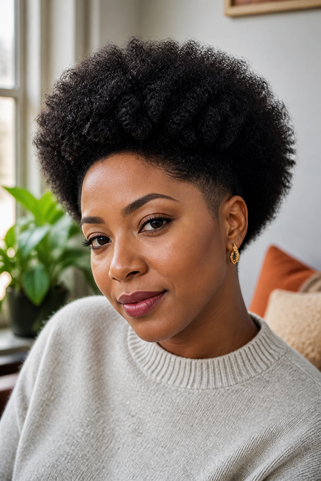 Close-up portrait of a real person with a rounded tapered afro and soft halo in a cozy room