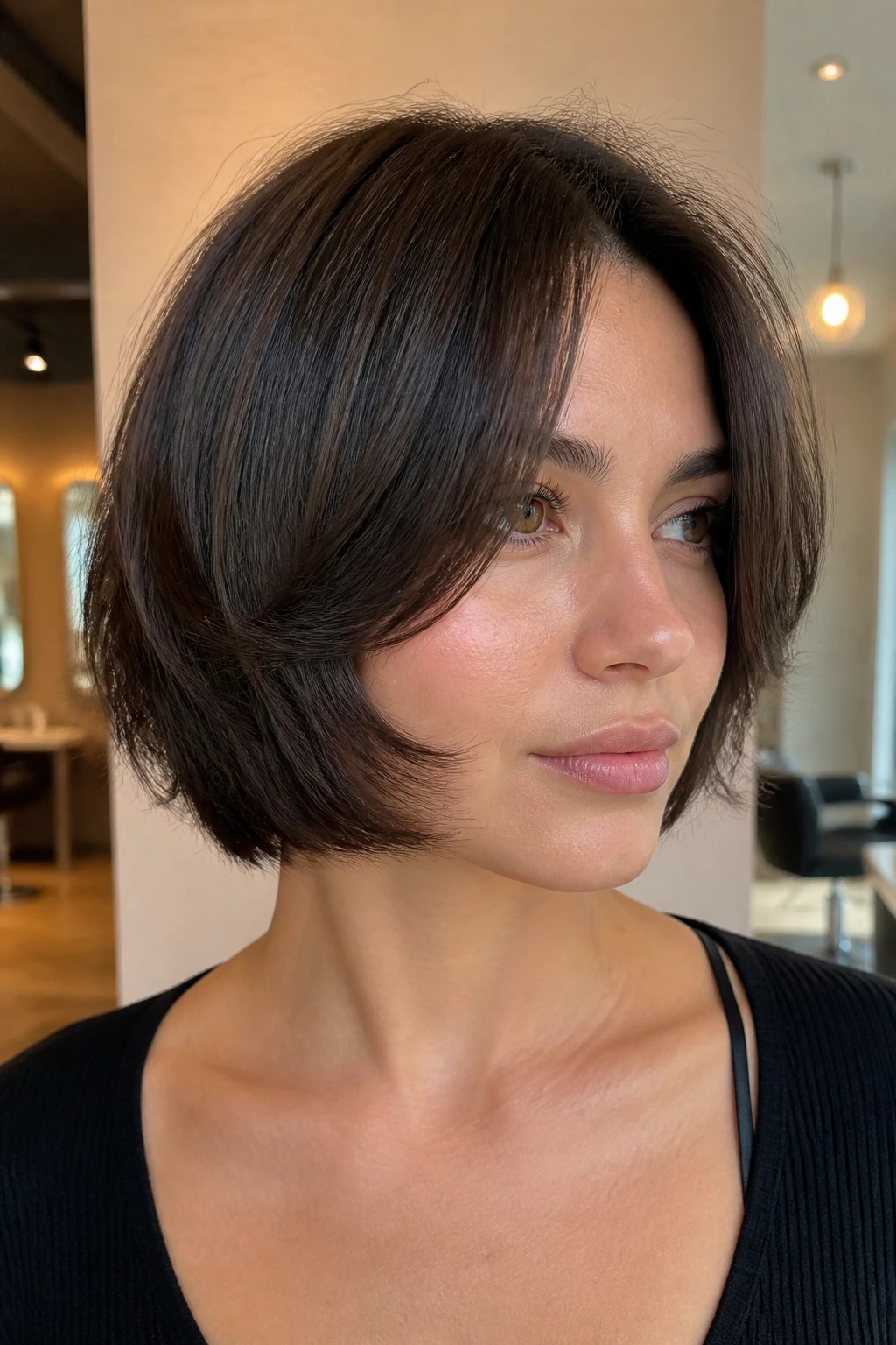 Close-up portrait of real woman with rounded wolf cut bob and face-framing wings