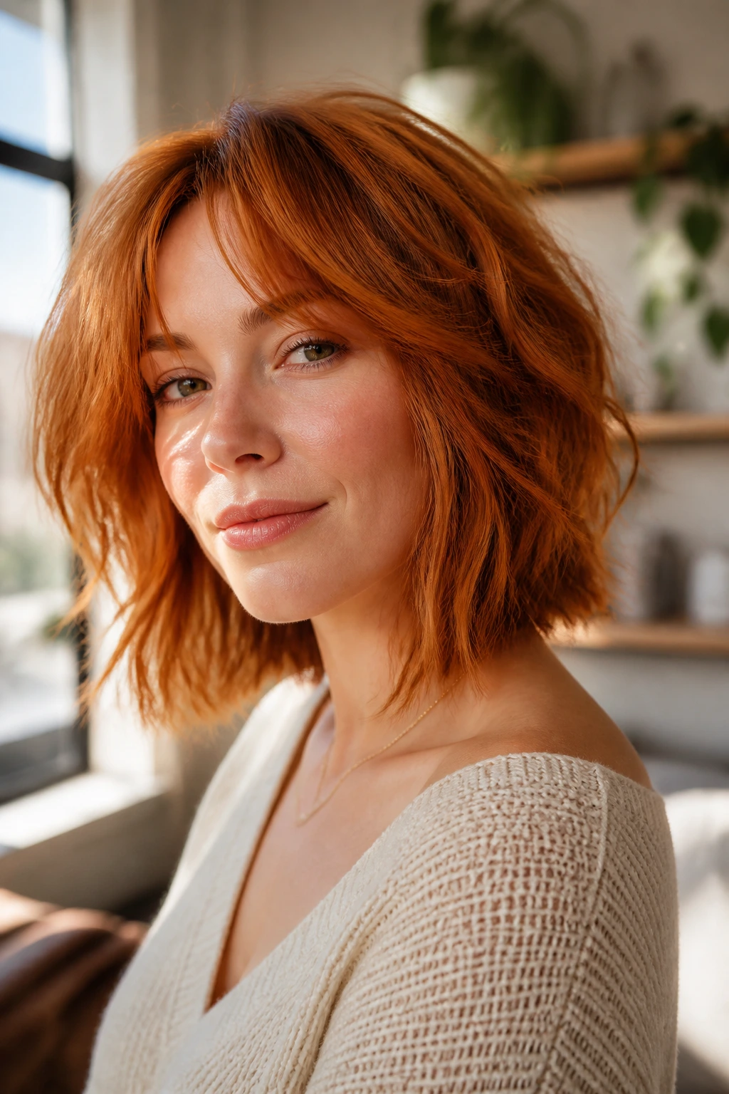 Close-up of a real woman with a rusty orange shag bob featuring airy volume in a sunlit living room