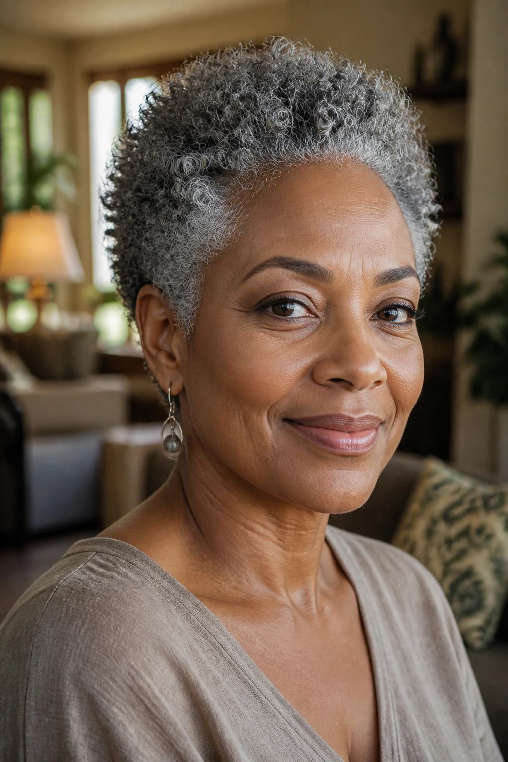 Close-up of a real woman with a salt-and-pepper short afro highlighting gray hair