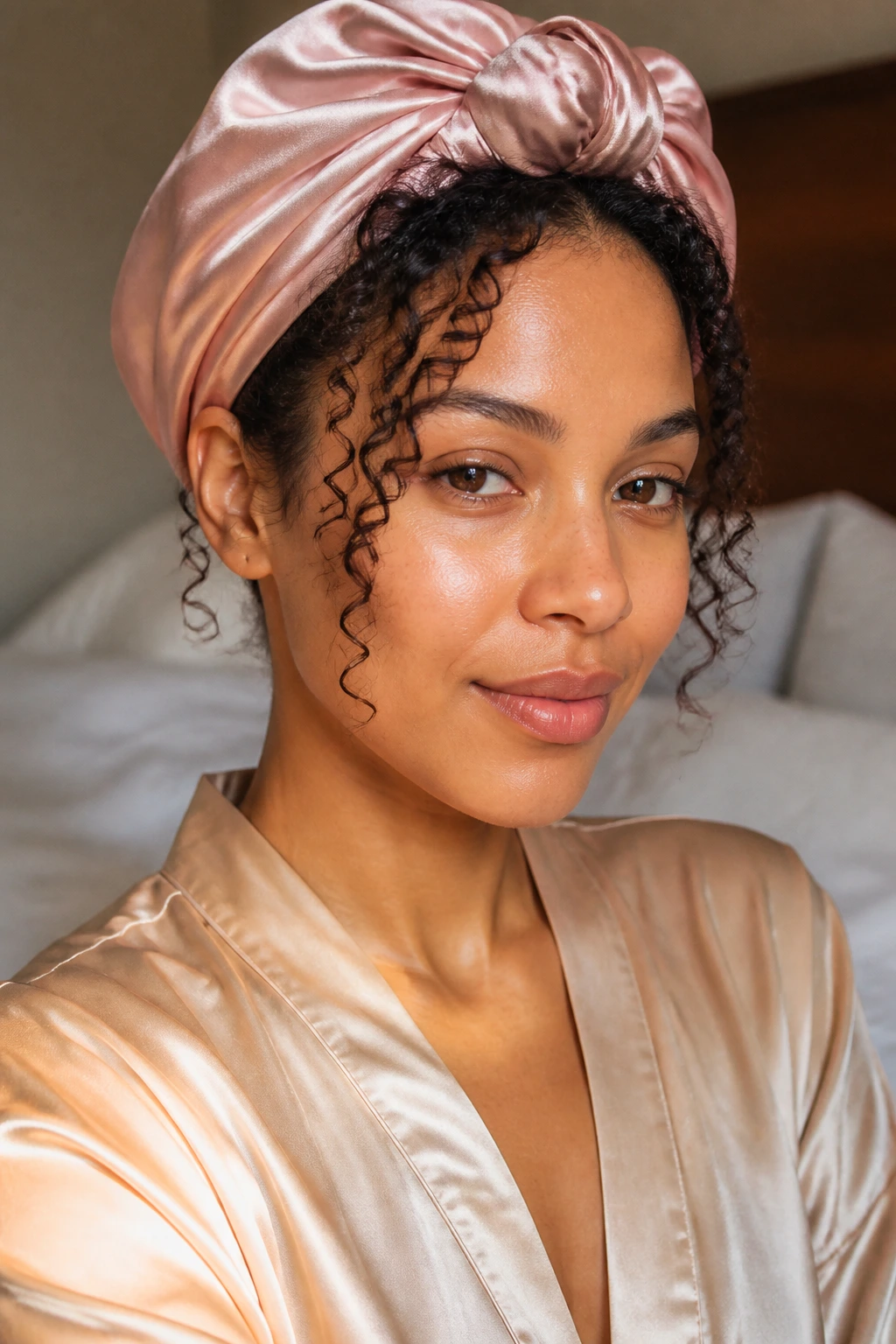 Close-up of a real woman with a satin wrap protecting curls from night to morning