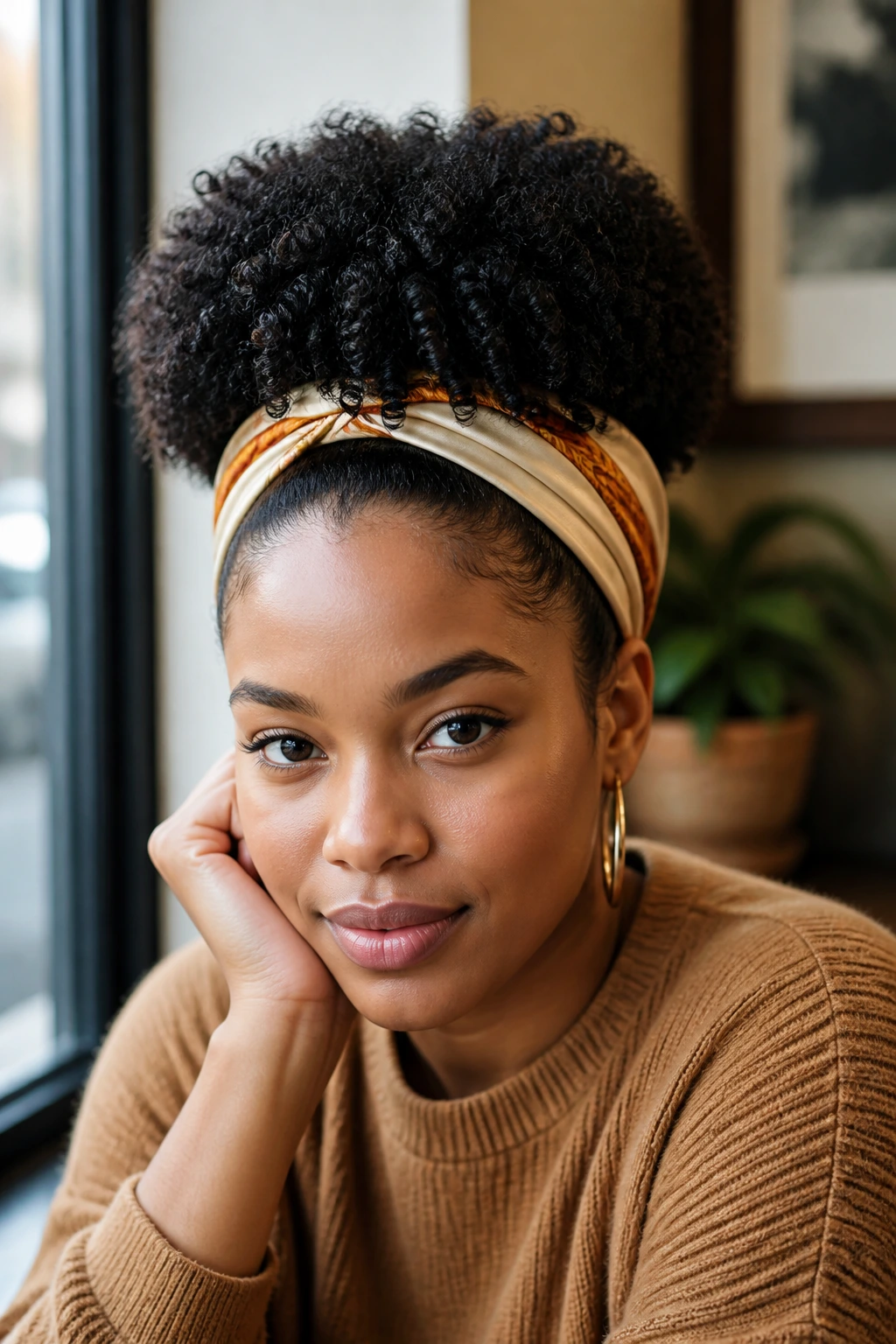Close-up of a real woman with a scarf-banded puff framed by a head scarf in a cafe setting.