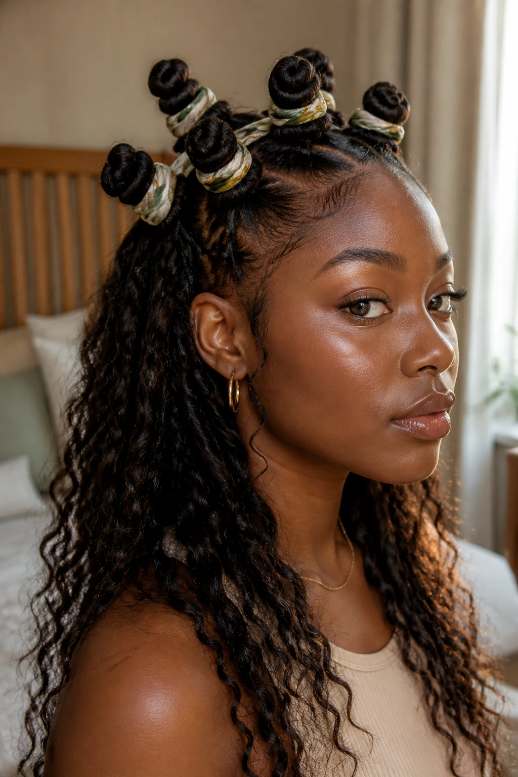 Close-up of scarf-wrapped Bantu knots on a real person with a knot-wrapped scarf in warm window light